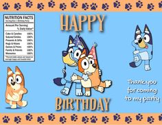 an image of happy birthday card with cartoon characters and dog's paw print on it