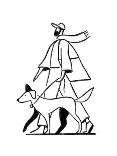 a drawing of a man walking his dog