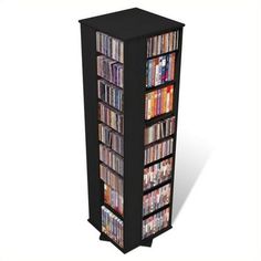 a tall black bookcase filled with lots of dvds