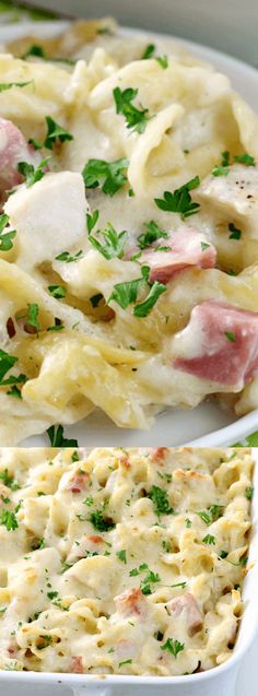 two plates filled with pasta covered in ham and cheese