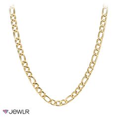 The men's classic Figaro chain features a repeating design of two or three circular links followed by one elongated oval link. Available in 5mm, 8mm, or 10mm widths, this necklace comes in 20-inch or 22-inch lengths, depending on the width chosen, and includes a lobster clasp for a secure and comfortable fit. Perfect on its own or as a layering piece, complete your necklace with a choice of stainless steel or yellow ion-plated stainless steel. Luxury Stainless Steel Yellow Gold Necklace, Stainless Steel Cuban Link Necklace With Figaro Chain, Gold Stainless Steel Necklace With Figaro Chain, Yellow Gold Stainless Steel Link Chain Necklace, Gold-plated Yellow Gold Cuban Link Necklace, Figaro Chain Necklace, Figaro Chains, Layering Pieces, Chain Lengths