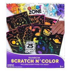 the scratch n'color game is in its package and has five different designs on it