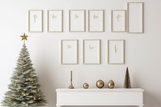 a living room with a christmas tree and pictures on the wall