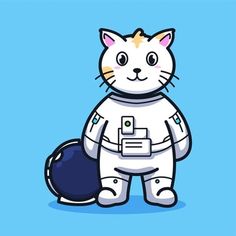 a white cat in an astronaut suit holding a black ball and wearing a space suit