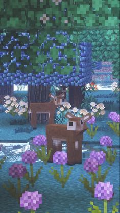 some pixelated animals are standing in the grass near flowers and trees with bluebells