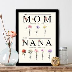 a framed poster with flowers in vases next to it