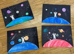 four pieces of art made to look like people on the moon, planets and stars