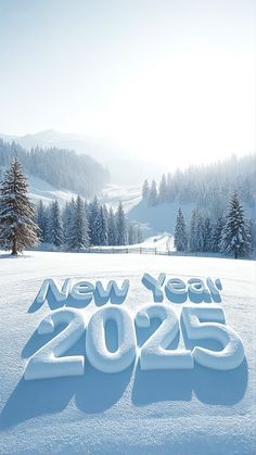 a snow covered field with the words new year's eve written in large letters