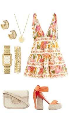 spring dress outfit - summer dress outfit - bright colors - orange 🧡 - beach vacation outfit - easter outfit 🐰 - cute & preppy ✨✨ Rush Outfits, Europe Outfits, Italy Outfits, Looks Party, Mode Chic, Summer Fits, Summer Fashion Outfits