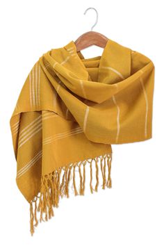 Whether for fashion or for a little added warmth you cannot go wrong with this bronze yellow rectangular shawl. Pedal loom woven in 100% cotton it is a bit of Guatemalan tradition for your wardrobe. Cotton Shawl, Striped Shawl, Gold Yellow, Mustard Yellow, Winter Scarf, Yellow White, Loom, White Stripe