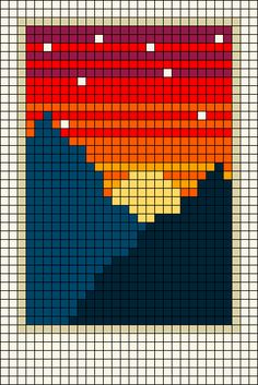 a cross stitch pattern with the sun setting on top of a mountain in red, yellow and blue