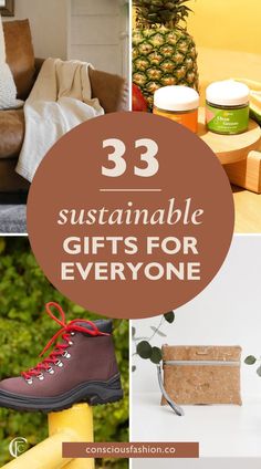 three different pictures with the words 33 sustainable gifts for everyone on it and pineapples