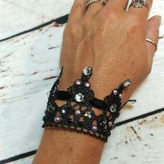 Very Elegant Black Lace And Rhinestone Cuff Bracelet. Perfect For Any Occasion, This Bracelet Is Made With Black Venice Lace Embellished With Black And Clear Rhinestones And Light Lavender Pearls. It Measures Approximately 5.5" By 1.5" And Has A Chain And Lobster Clasp Lace Cuff Bracelet, Boho Crafts, Lace Cuffs, Light Lavender, Boutique Jewelry, Clear Rhinestones, Crochet Ideas, Womens Jewelry Bracelets, Cuff Bracelet