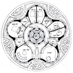 a drawing of a circular room with tables and couches in the center, surrounded by circles