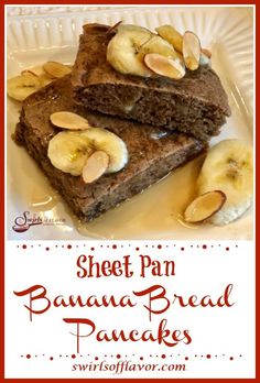 sheet pan banana bread pancakes on a white plate with text overlay that reads sheet pan banana bread pancakes