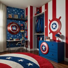 a bedroom decorated in red, white and blue with captain's shield painted on the wall