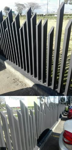 two pictures side by side with cars parked in front of them and the same fence