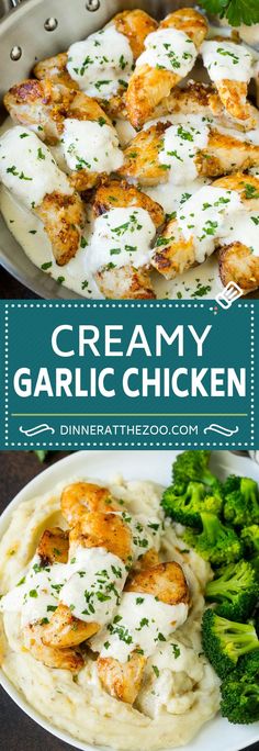 creamy garlic chicken with broccoli and mashed potatoes in a skillet on the side