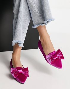 Funky Flat Shoes, Pink Velvet Boots, Pink Velvet Shoes, Hot Pink Shoes, Pointed Loafers, Pointed Ballet Flats, Fancy Flats, Pink Flats, Velvet Fashion