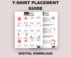 the t - shirt placement guide is shown in red and white, with instructions for how to