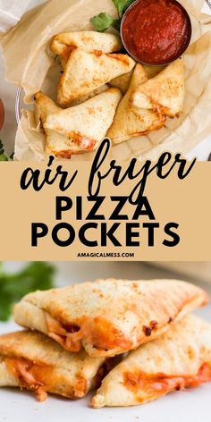 air fryer pizza pockets are stacked on top of each other with sauce in the background