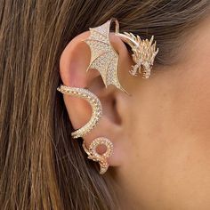 Jewelry Earrings Dragon Ear Jacket Climber Rose Gold Played Sterling Silver 925 Pontianak, Ear Sculpture, Dragon Ear Cuffs, Ear Wraps, Ear Cuff Piercing, Ear Style, Dragon Earrings, Gra O Tron, Gold Dragon