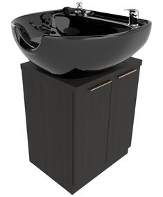 a black bathroom sink sitting on top of a wooden cabinet next to a faucet