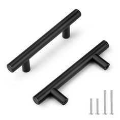 two black metal handles and screws on a white background