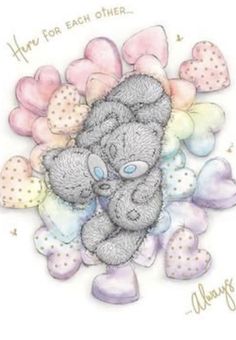 a drawing of a teddy bear surrounded by heart shaped balloons with the words mom for each other