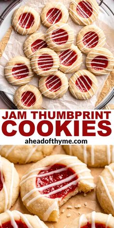 jam thumbprint cookies with white icing on top and the words, jam thumbprint cookies