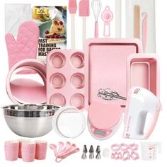 pink kitchenware and utensils are arranged on a white background