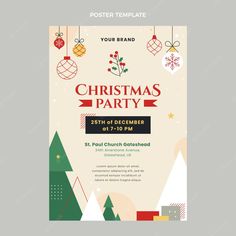 a christmas party flyer with ornaments and decorations on the tree branches in red, white and green