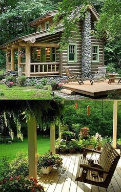 two pictures of a log cabin in the woods, and one has a porch with chairs on it