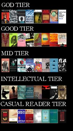 a poster with different types of books on it and the words god tier, mid tier, interlectual tier, casual reader tier