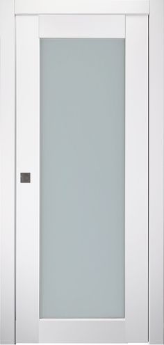 a white door with a glass window in the center and an open handle on it