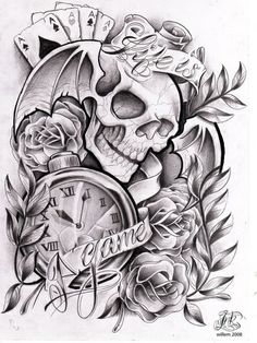 a drawing of a skull and roses with a clock