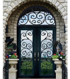 IWD Classy Wrought Iron Double Door CID-012 Beautiful Scroll Work Square Top Clear Glass Low-E with Screens Mediterranean Front Doors, Wrought Iron Entry Doors, Colorful Doors, Wrought Iron Front Door, Decorative Doors, Traditional Front Doors, Iron Front Door, Iron Entry Doors, Blue Doors