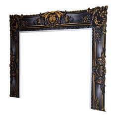 an ornate black and gold frame with flowers on the edges is isolated against a white background