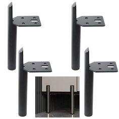 four black metal poles with holes in the middle and two pictures of them showing different angles