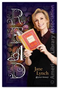 a woman holding up a book with the title, jane lynch your library