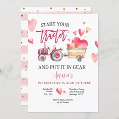 a pink and white baby shower card with hearts on the front, an image of a tractor