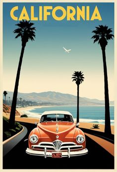 an orange car driving down a road next to palm trees and the ocean in california