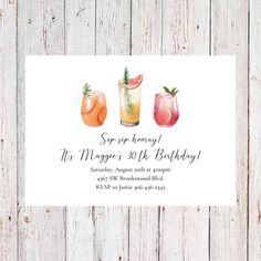 three cocktails with pineapple and rosemary garnish are on the front of this birthday party card