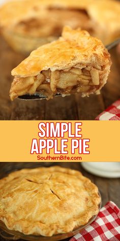 an apple pie on a wooden table with the title overlay that reads, simple apple pie