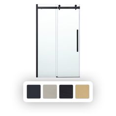 a white and black shower door next to four colors of paint swatches on a white background