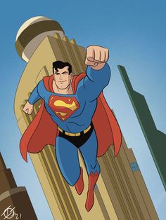 superman flying through the air with his fist up in front of a building and sky