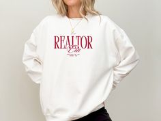 "SIZE-UP 1-2 SIZES FOR AN OVERSIZED FIT Our custom real estate apparel items are must-haves for any realtors or brokers looking to take their personal branding to the next level! Please type your custom details in the \"personalization\" dropdown box per item and we'll send you a design proof through Etsy Messages within 24 hours of purchase. NOTE: All items are unisex, unless otherwise stated in \"Type + Size\" dropdown menu ⭐ HOW TO ORDER ⭐ 1. Review all photos including available colors and sizing charts 2. Select your ITEM TYPE and SIZE from the dropdown menu 3. Add your personalization details - please refer to the garment and text color charts (each item type comes in different colors) 4. Hit the \"add to cart\" button 5. In your cart, hit the \"proceed to checkout\" button 6. Fill o Realtor Apparel, Realtor Shirts, Gifts For Realtors, Gift For Realtor, Real Estate Shirts, Luxe Aesthetic, Real Estate Sign Design, Real Estate Humor, Real Estate Quotes