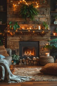 a living room filled with furniture and a fire place covered in greenery next to a fireplace