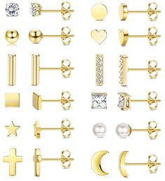 PRICES MAY VARY. 🍂AFFORDABLE STUD EARRING SET--A set contains 12 different styles of tiny stud earrings, in 3 colors, silver tone, gold tone and rose gold tone, CZ stud earrings, Bar/Ball stud earrings, Star stud earrings, Moon stud earrings, Heart stud earrings, Pearl stud earrings, Cross stud earrings, Disc/Square stud earrings.For you to choose, simple design is classic and timeless, comfortable and durable earrings, you can enjoy them everyday. 🍂100% SKIN FRIENDLY--Crafted from the improve 14k Gold Prong Set Earrings For Valentine's Day, Gold Star Charm Earrings In 14k Gold, Minimalist Yellow Gold Earrings With Moon Charm, Geometric Stud Earrings, Sun Moon Star Stud Earrings, Earrings Cross, Earrings Moon, Cross Earrings Studs, Earrings Star