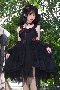 Fabric: Polyester Color: Black Style: Gothic Include: Dress*1 (Any of the accessory is not included.) Size (IN) Bust Waist Length Hem Width S 31.50-36.22 26.77-30.71 32.28 94.49 L 35.43-40.16 29.92-33.86 33.07 94.49 Size (CM) Bust Waist Length Hem Width S 80-92 68-78 82 240 L 90-102 76-86 84 240 Goth Japanese, Fashion Types, Dresses Ruffles, Oc Fashion, Gothic Dresses, Child Fashion, One Piece Jumper, Jumper Style, Style Gothic